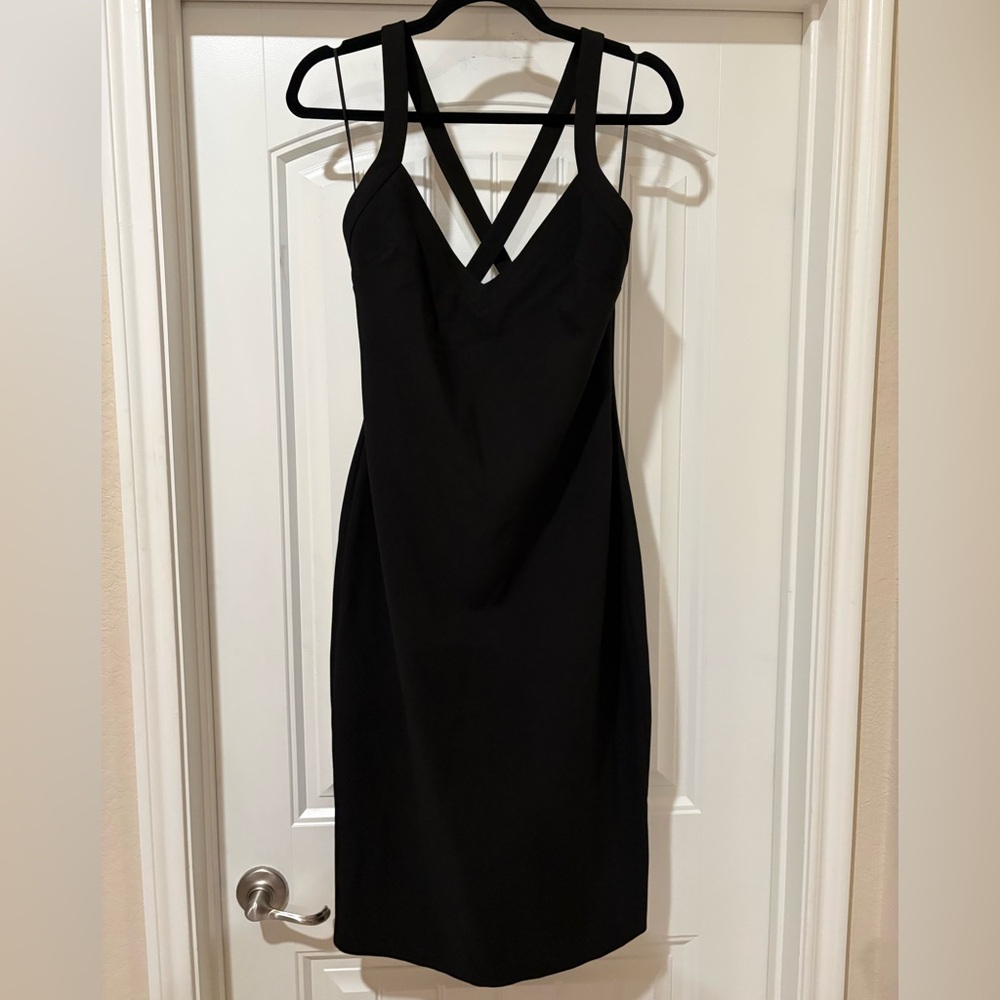 Likely Alexia Dress Black Sheath V Neck Crisscross Back Slit NWT Size 10